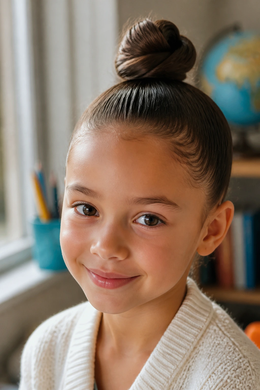 Close-up of a real child with a sleek top knot hairstyle