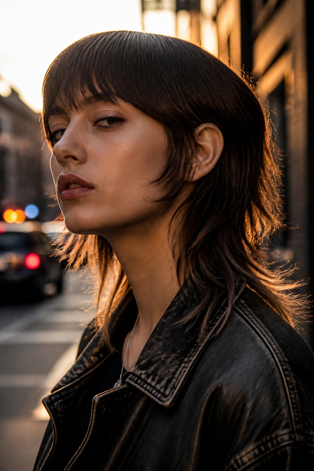 Real person with sleek top and rough ends mullet in evening light