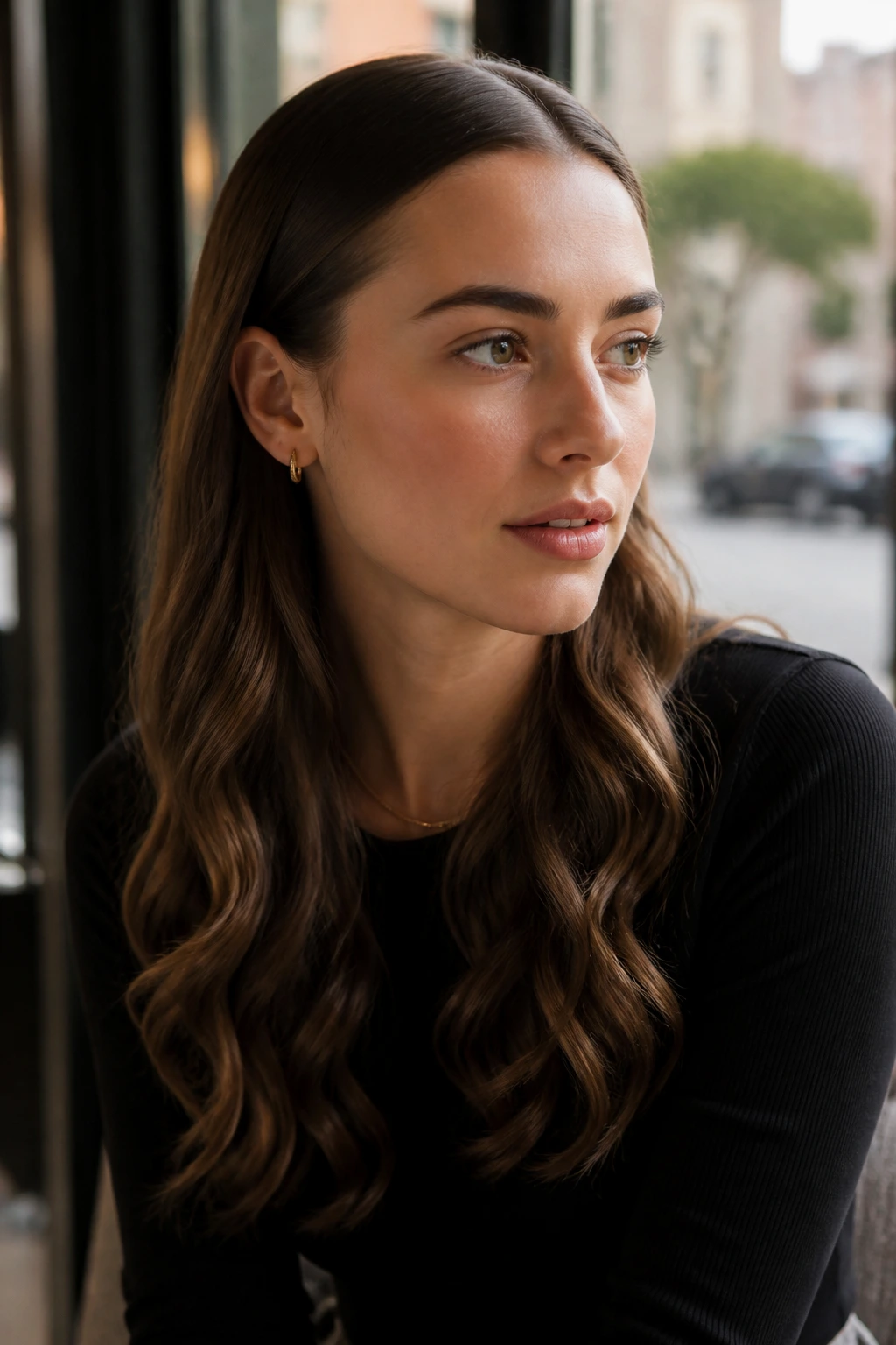 Real woman with a sleek top and wavy ends hairstyle in cafe window light