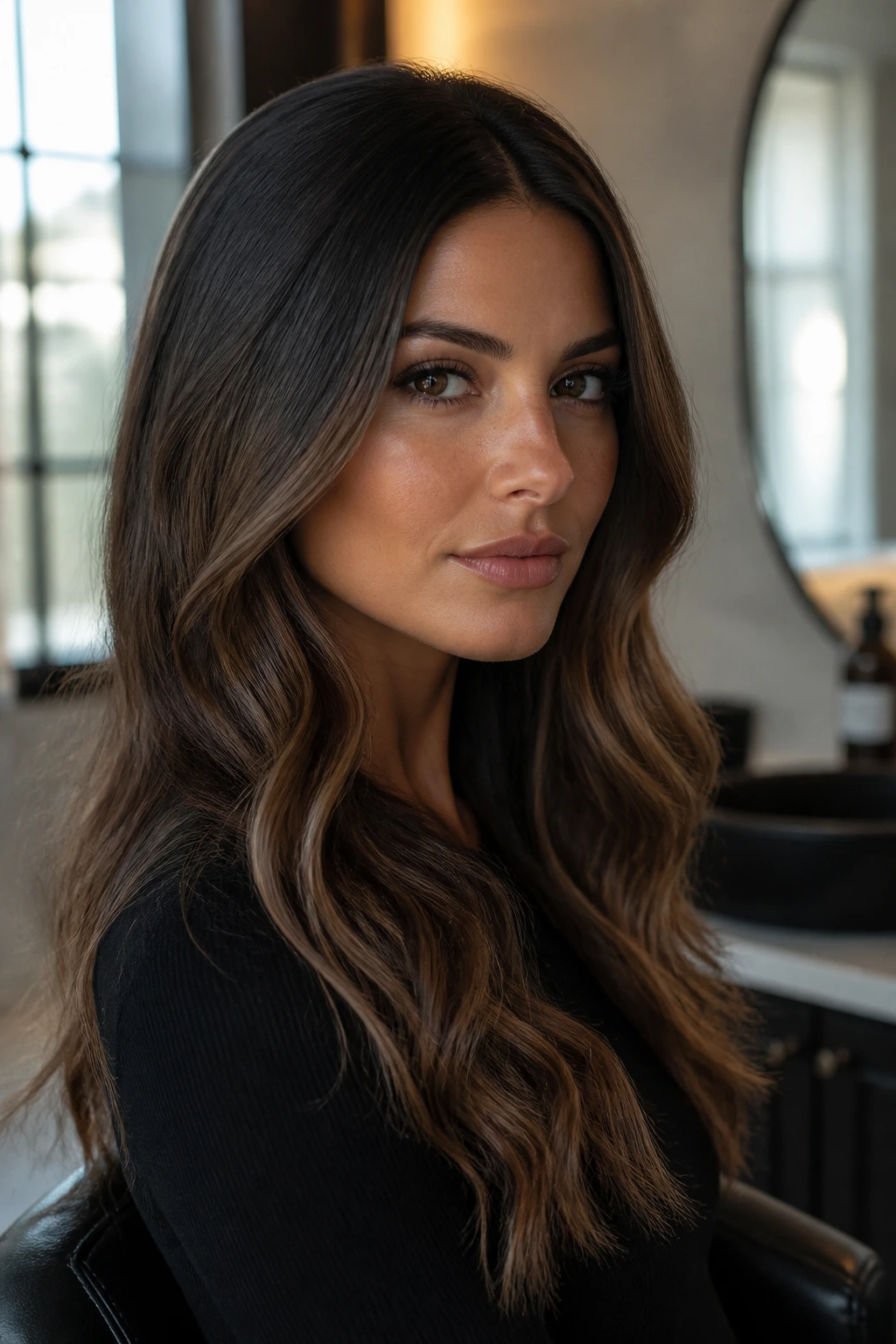 Close-up of a real woman with a sleek crown and wavy ends under natural window light.