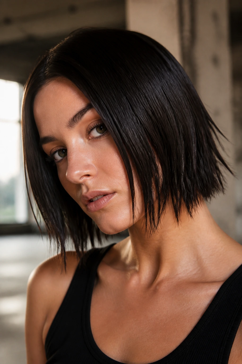 Portrait of a real person with sleek-top shattered-ends wolf bob in a chic loft