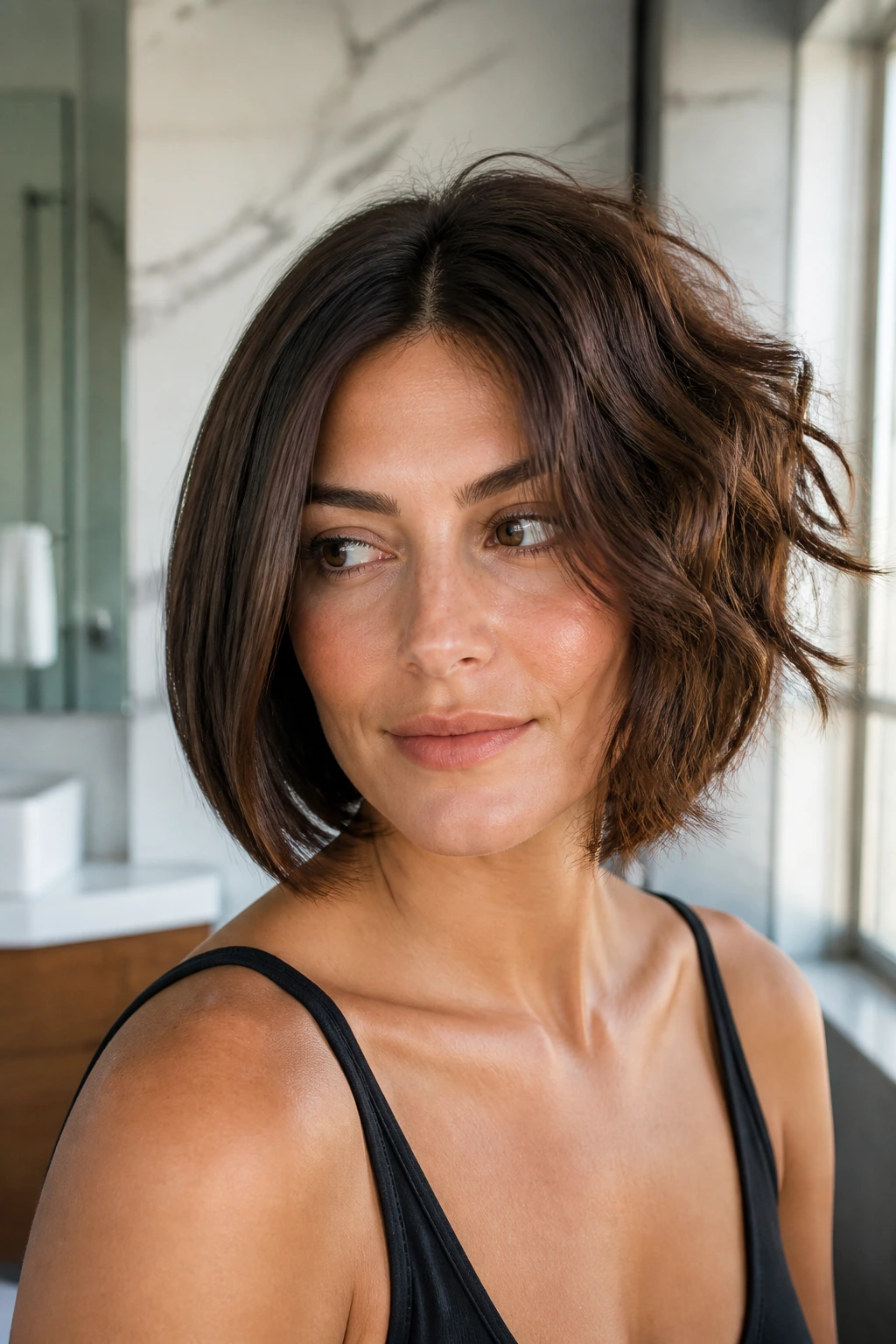Portrait of a woman with a split sleek and tousled bob.