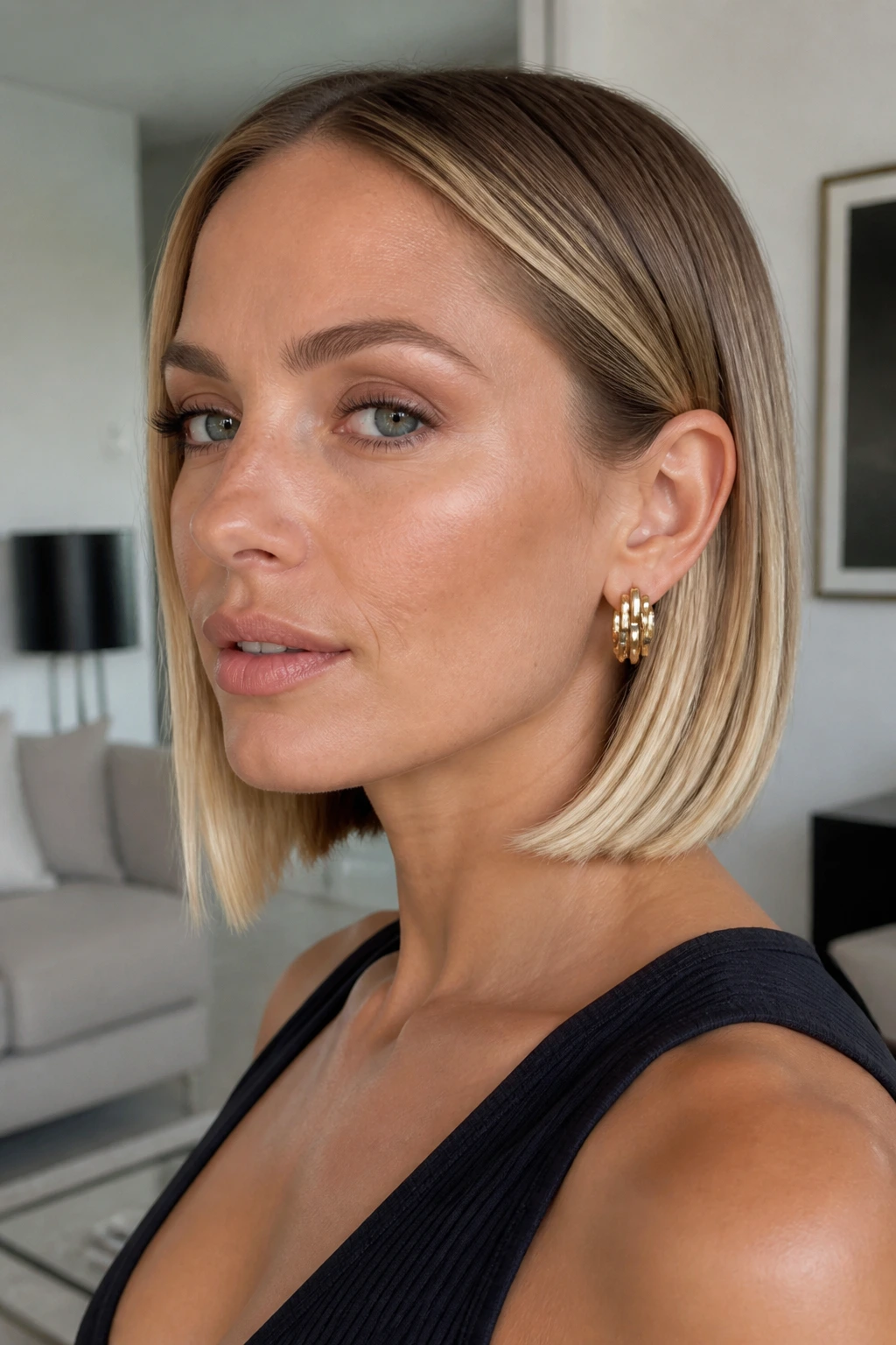 Real woman with sleek tuck-behind bob and bright ends in a minimalist setting