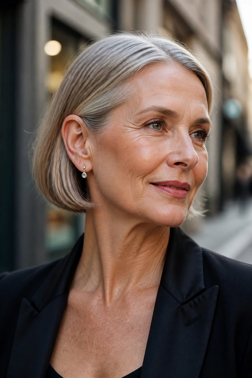Close-up of a real woman with a sleek tuck-behind-ears bob showing neckline
