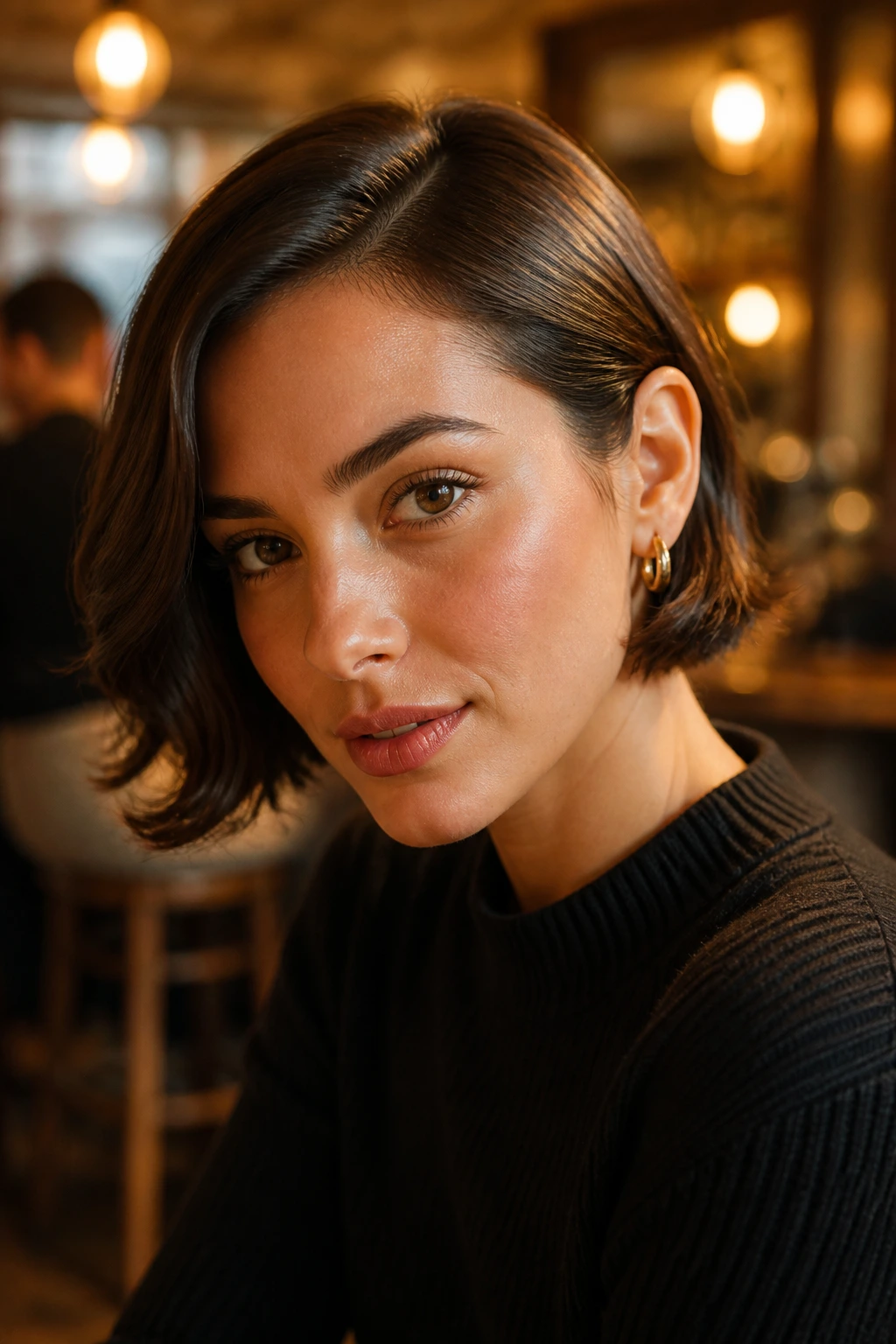 Real person with a sleek tucked-behind-ear bob showing soft waves.