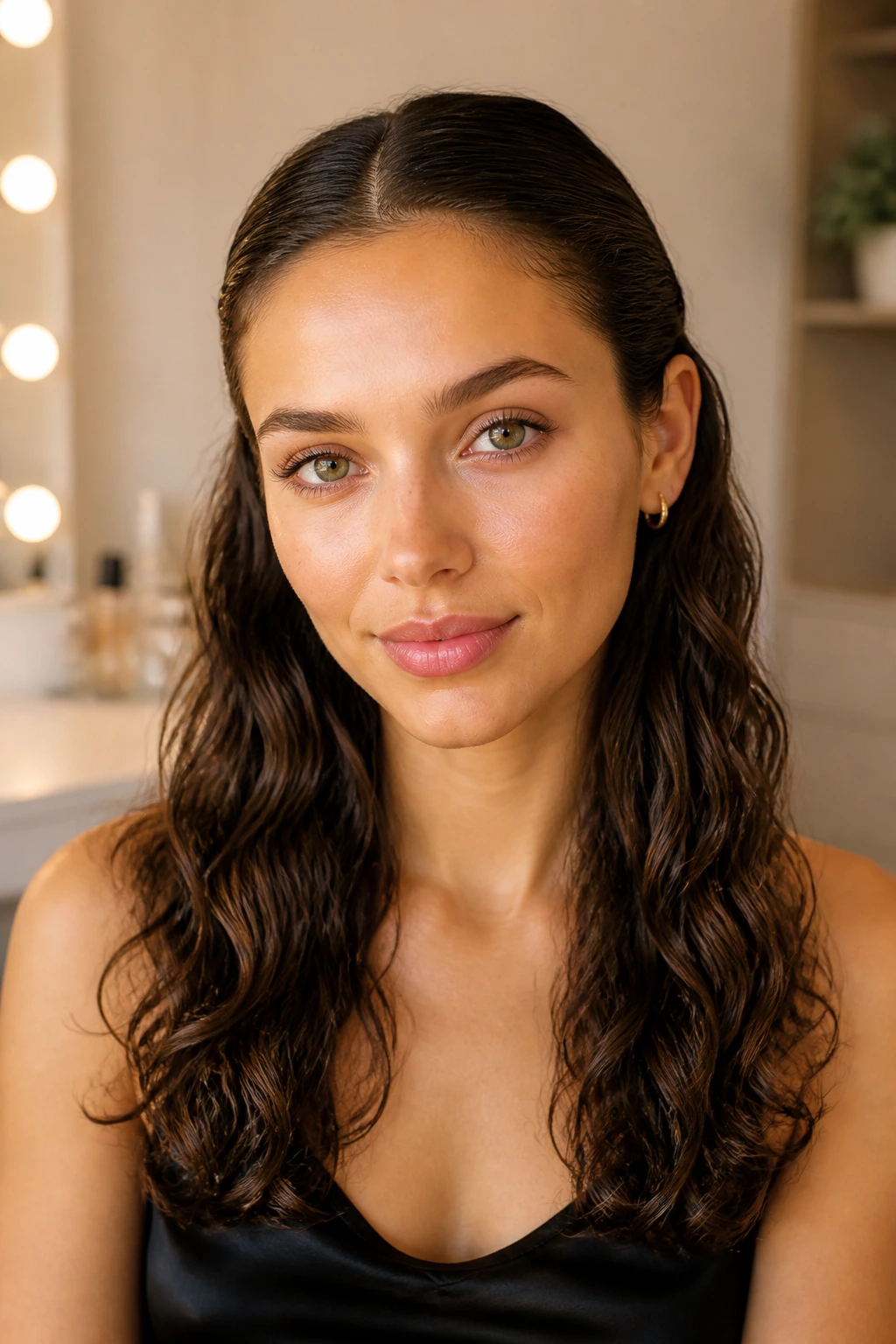Close-up front view of a real person with sleek tucked-behind-ears style