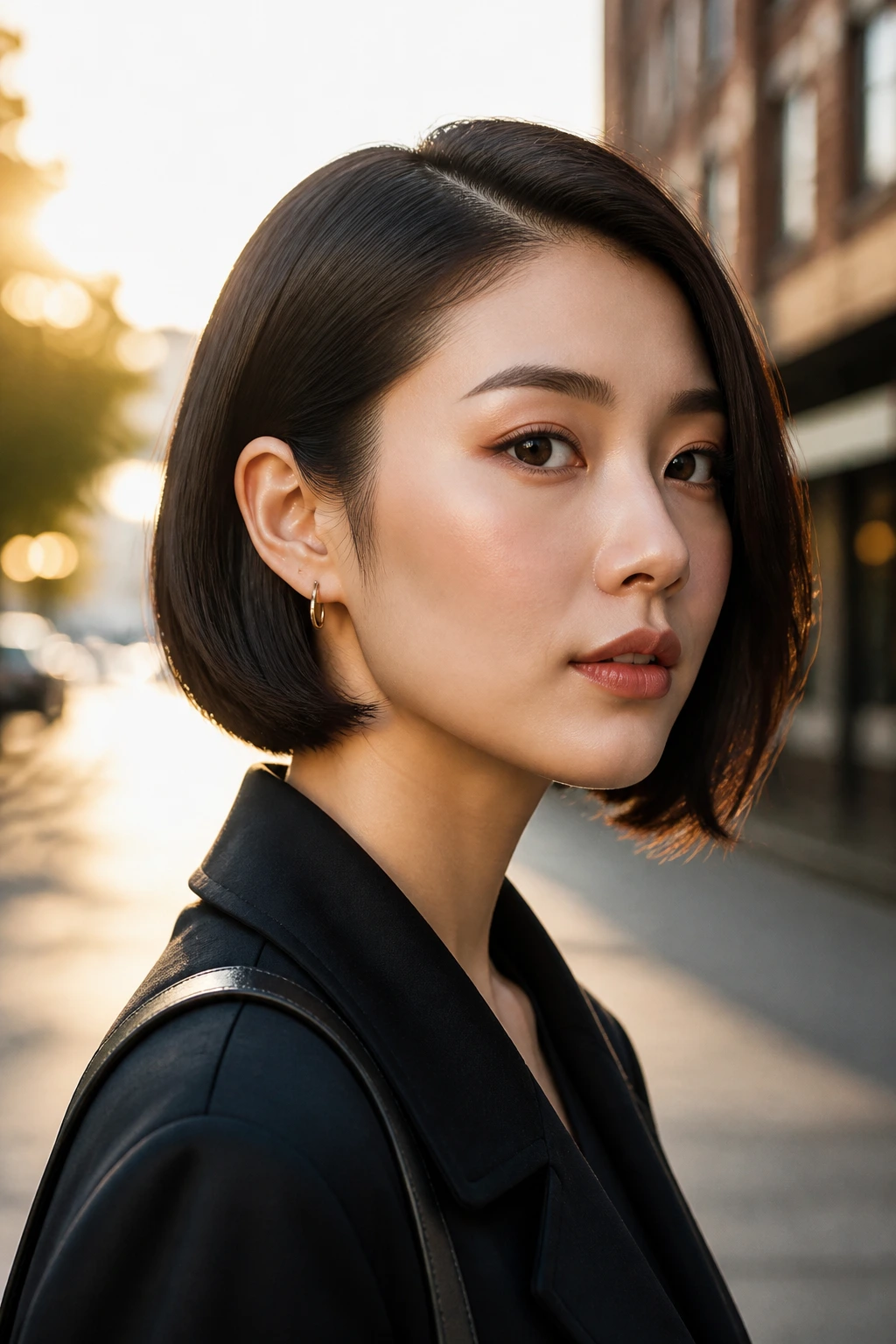 Close-up of a woman with a sleek tucked-behind-ear bob on a city street
