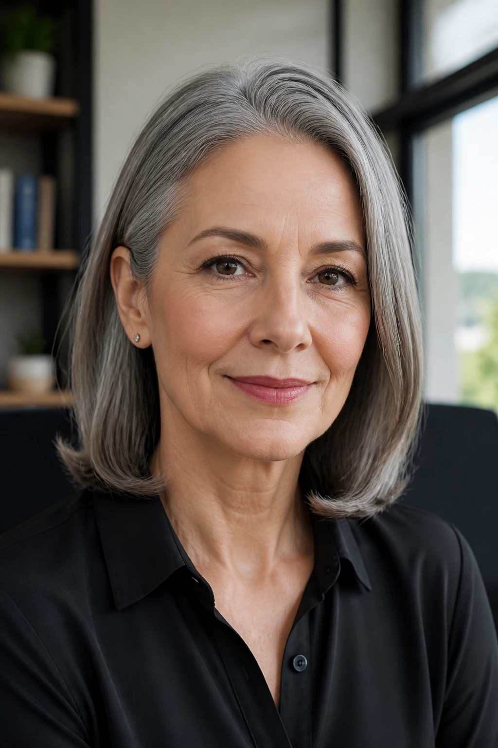 Real woman with sleek tucked ends and a low bend in gray hair