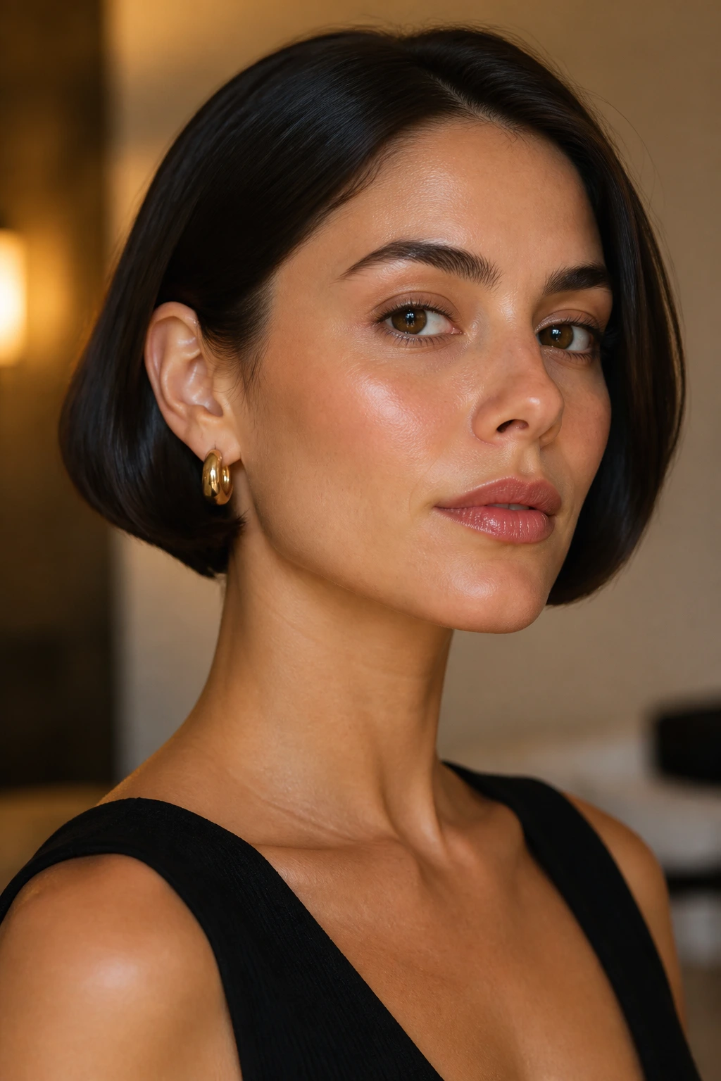 Close-up of a real woman with a sleek tucked French bob behind the ears