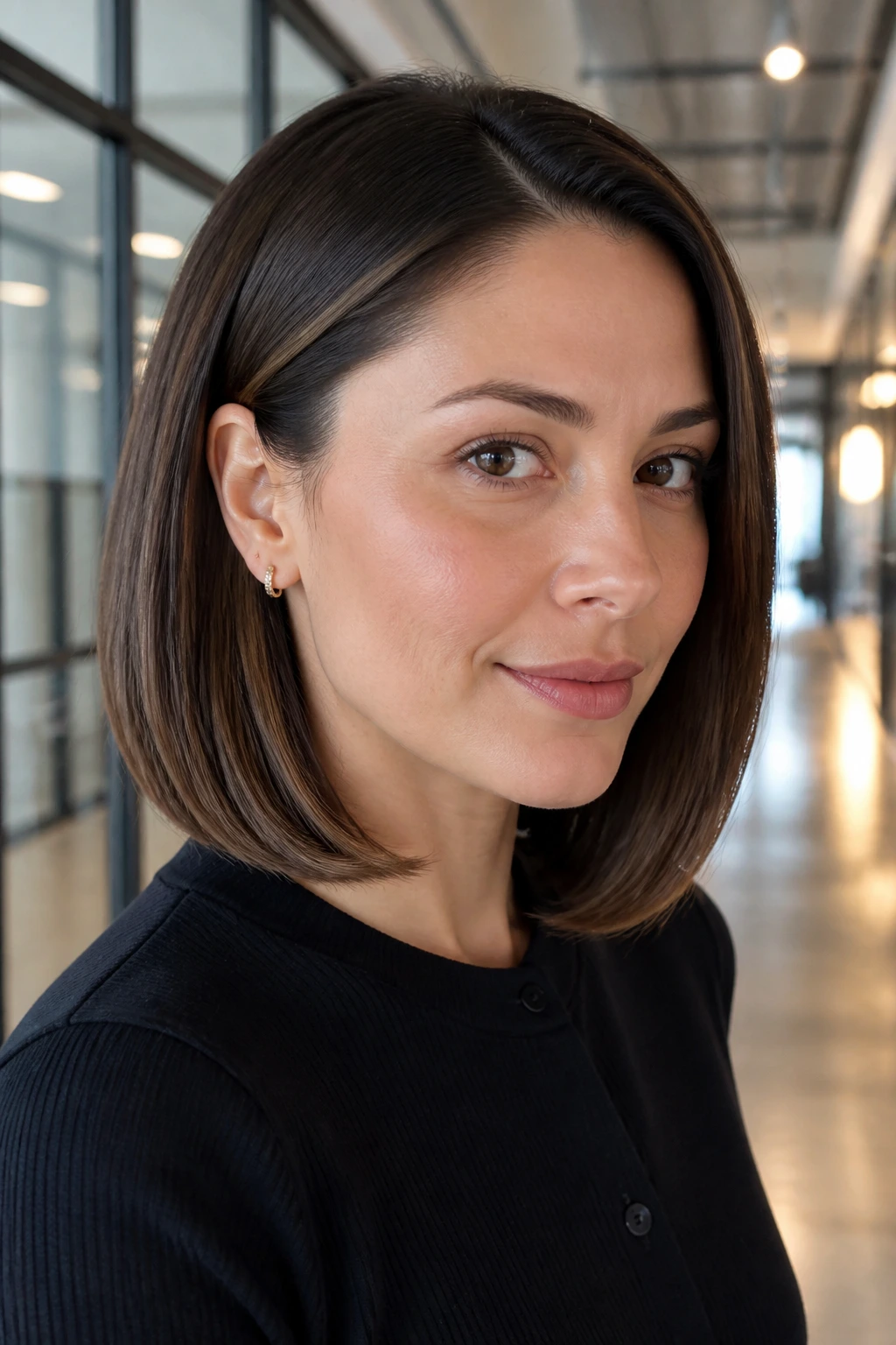 Real woman with sleek tucked lob in an office corridor light