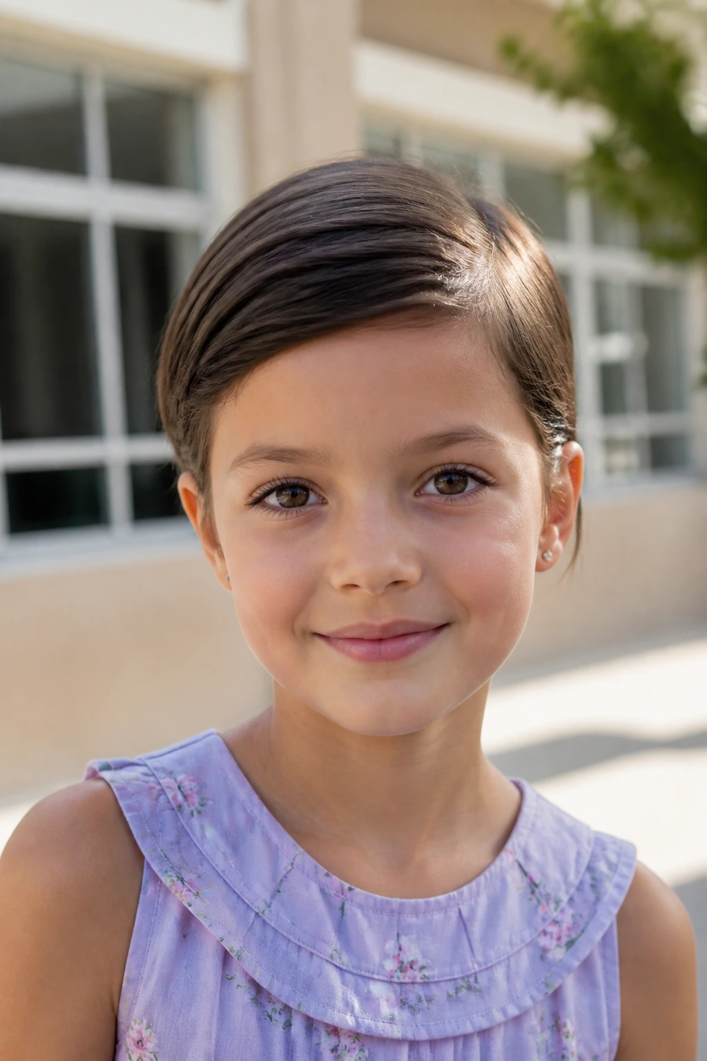 Close-up of a girl with a sleek tucked pixie behind the ears.