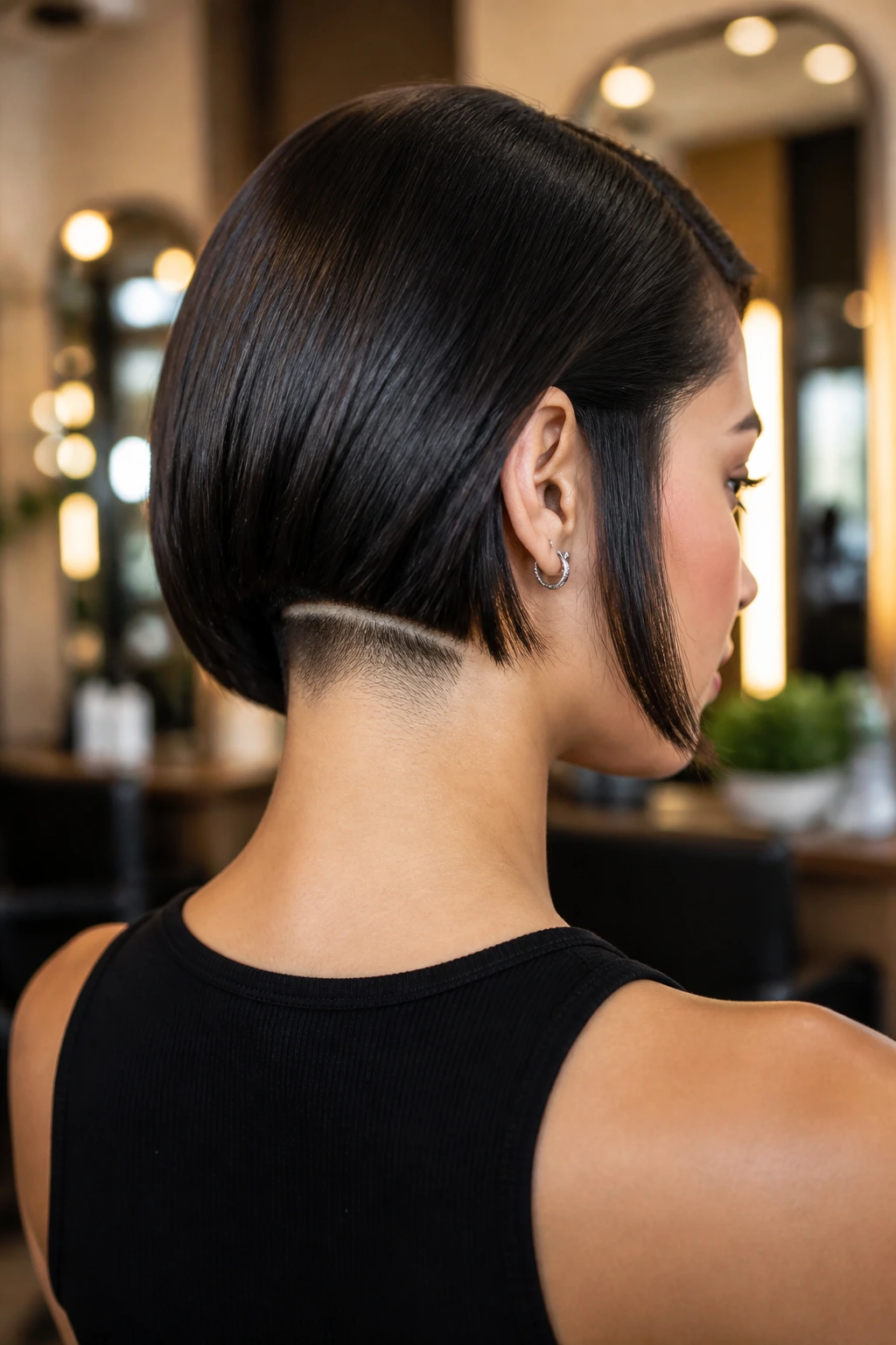 Close-up of a real woman with a Sleek Bob and clean undercut line at the nape
