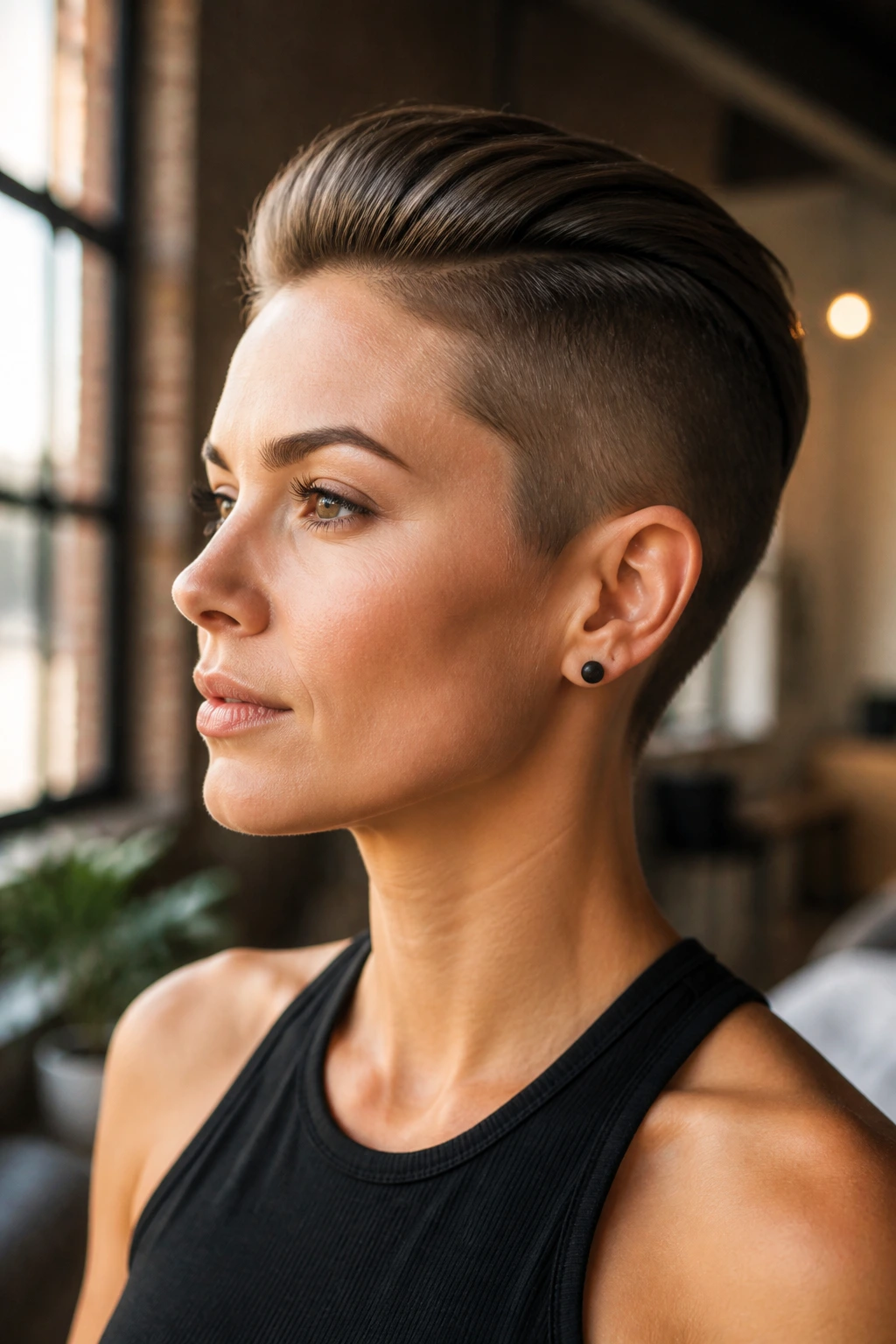 Close-up real woman with sleek undercut pixie hairstyle