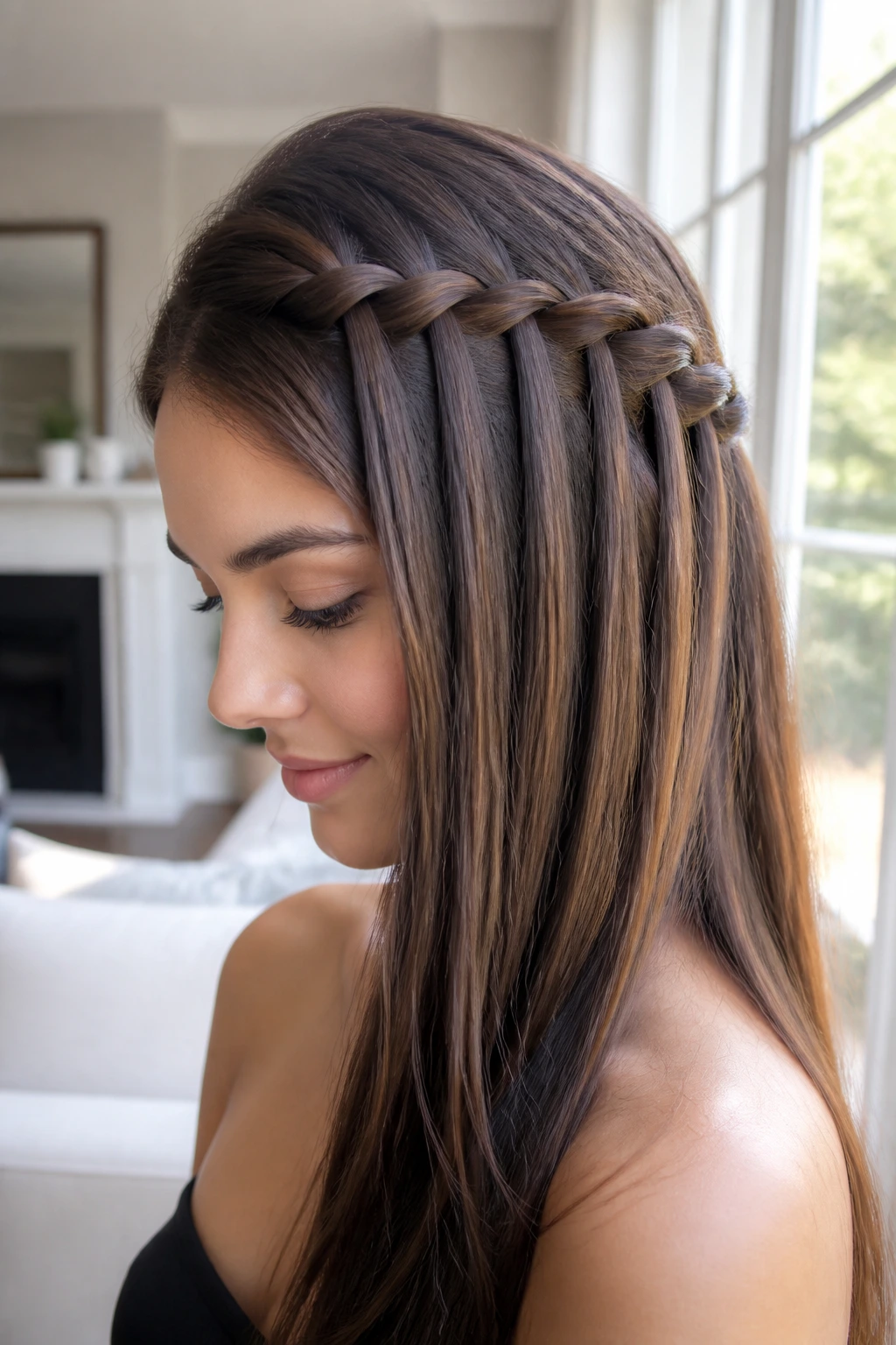 Close-up of a real woman with a sleek waterfall braid across the crown