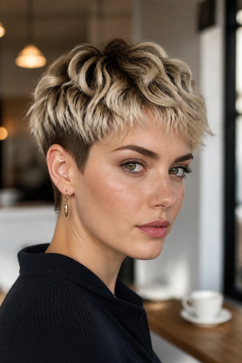 Close-up of real person with sleek waved French crop and defined root.