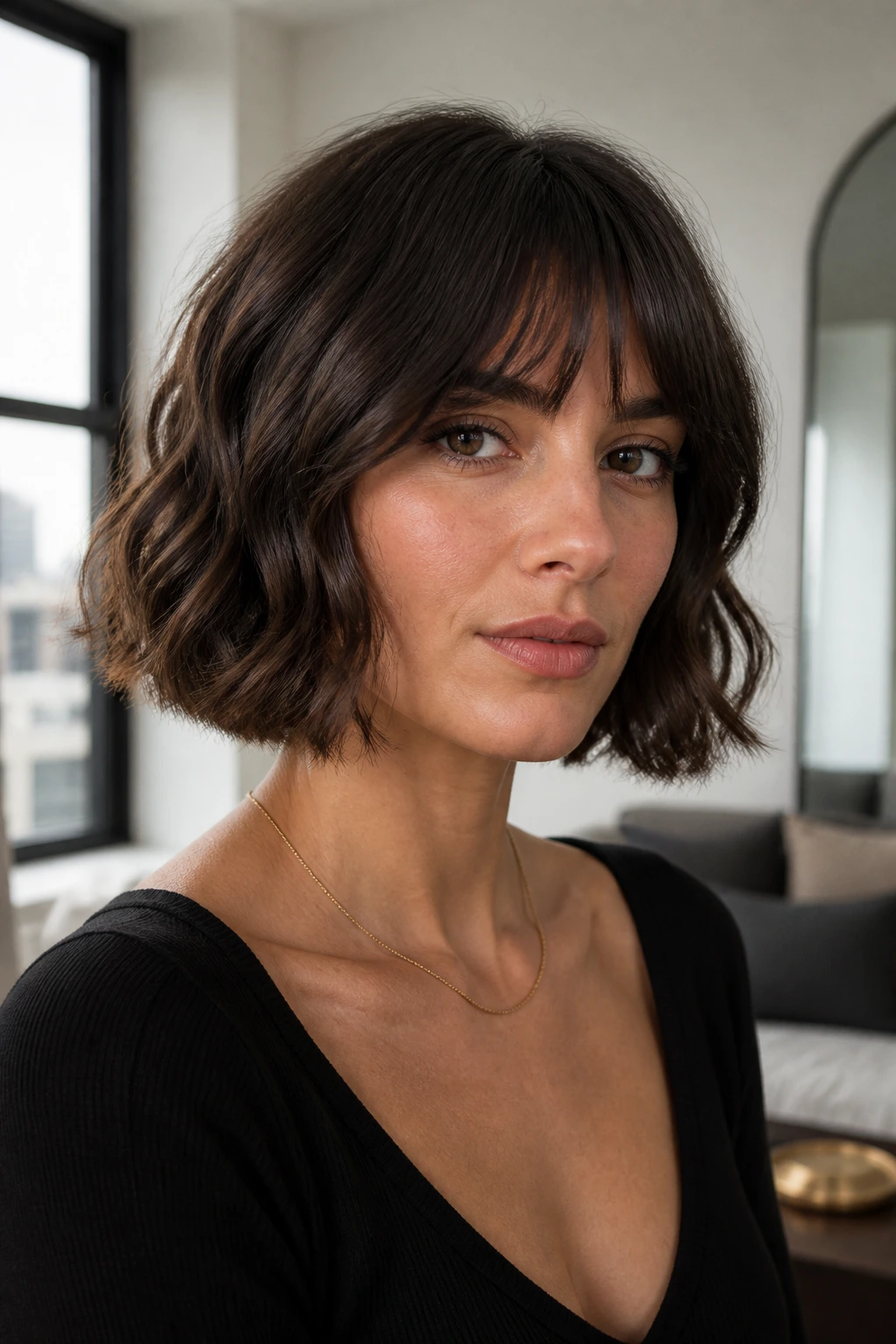 Real woman with sleek wavy bob and grown-out fringe, refined look.