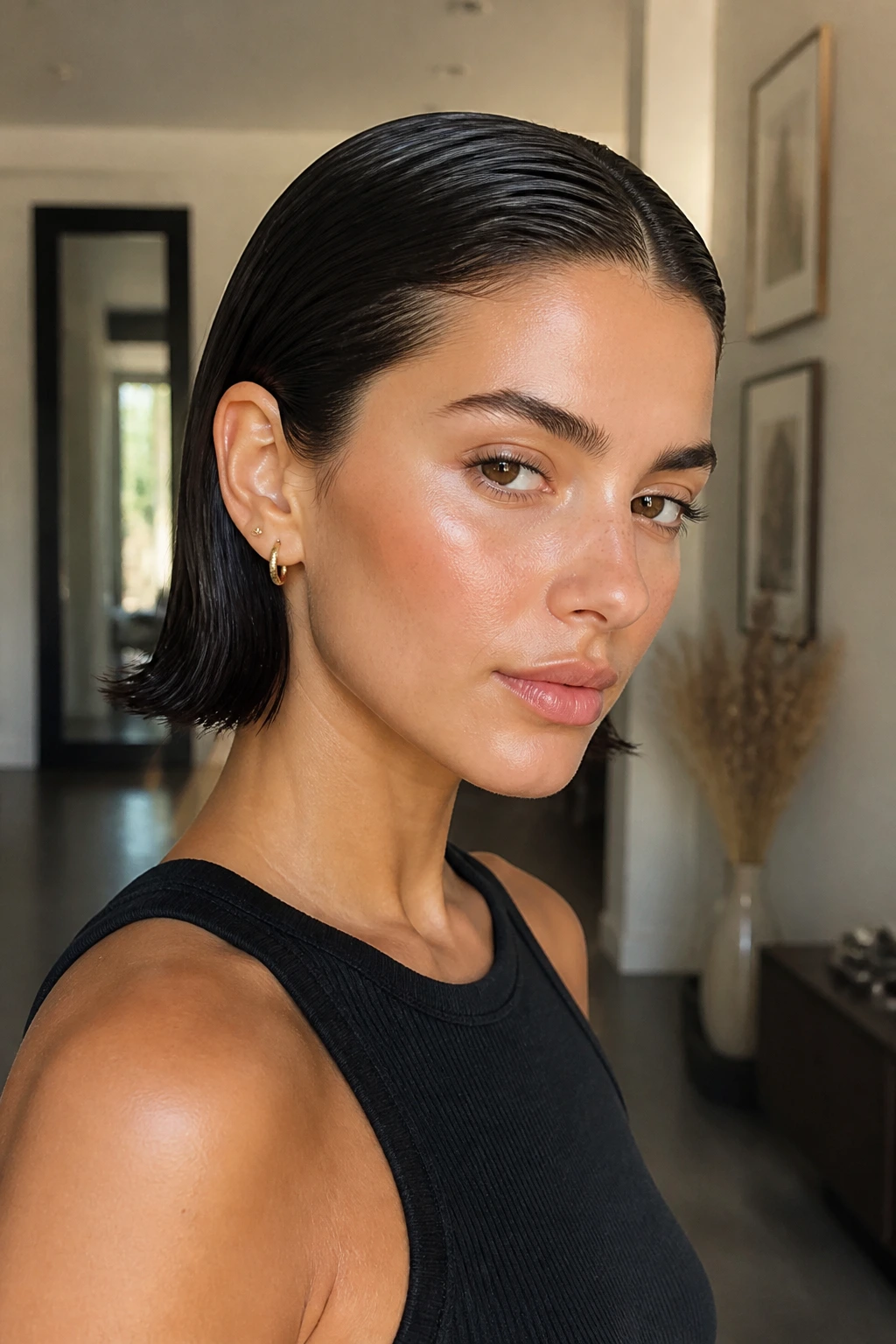 Close-up of a real woman with a sleek wet bob and tucked ends.