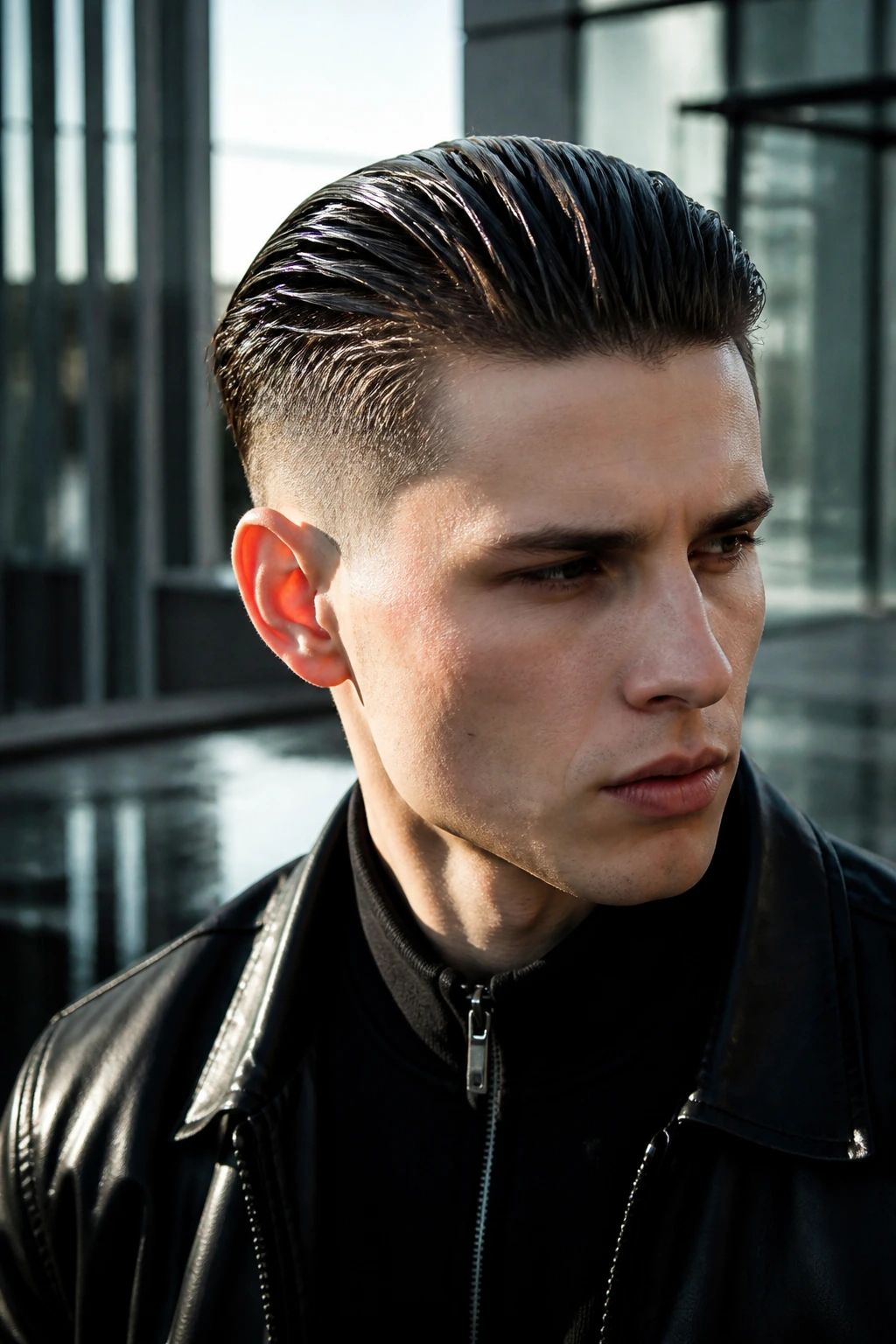 Close-up of a real person with a sleek wet-look Chelsea Cut and glossy finish.