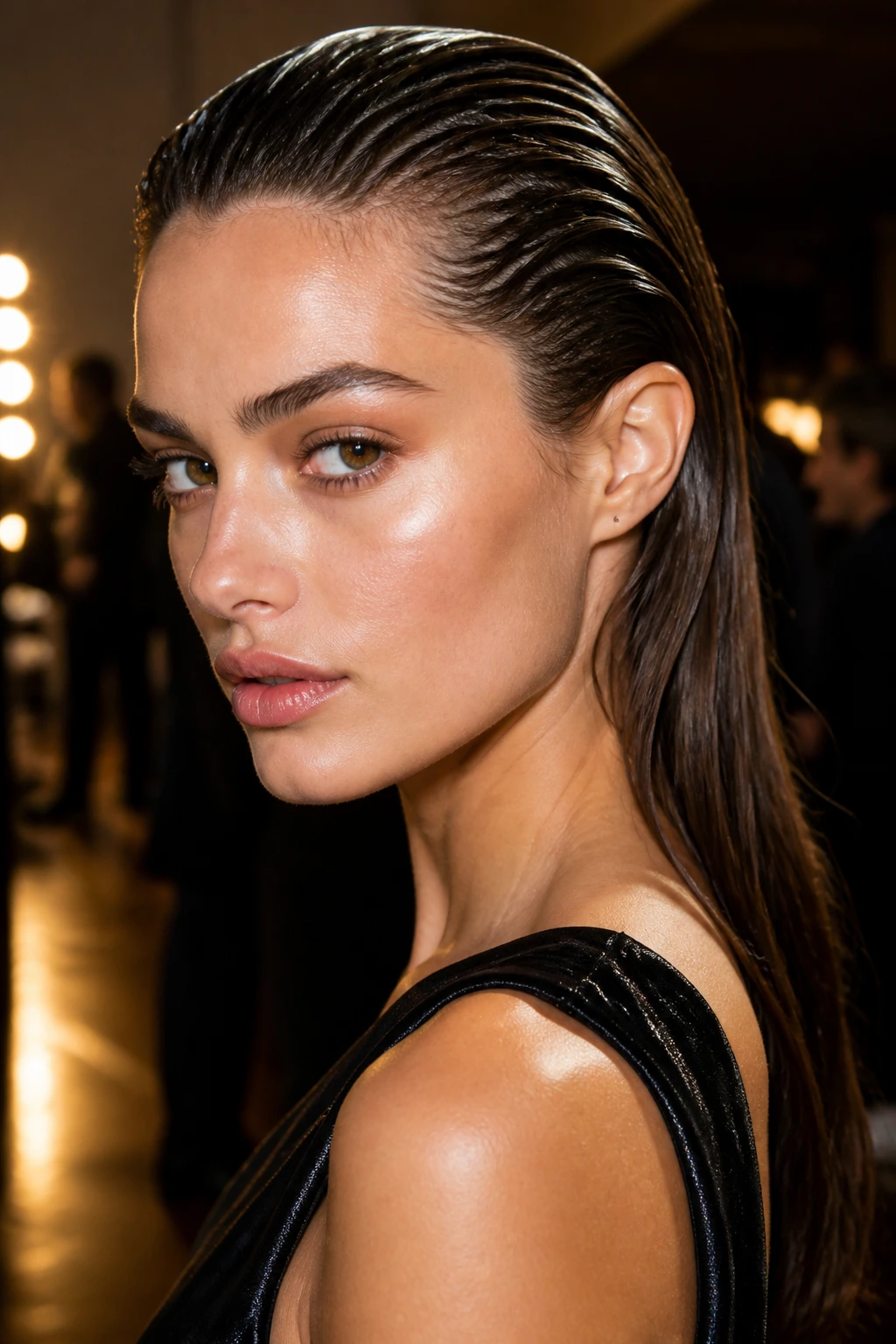 Close-up of a real woman with a sleek wet-look back sweep