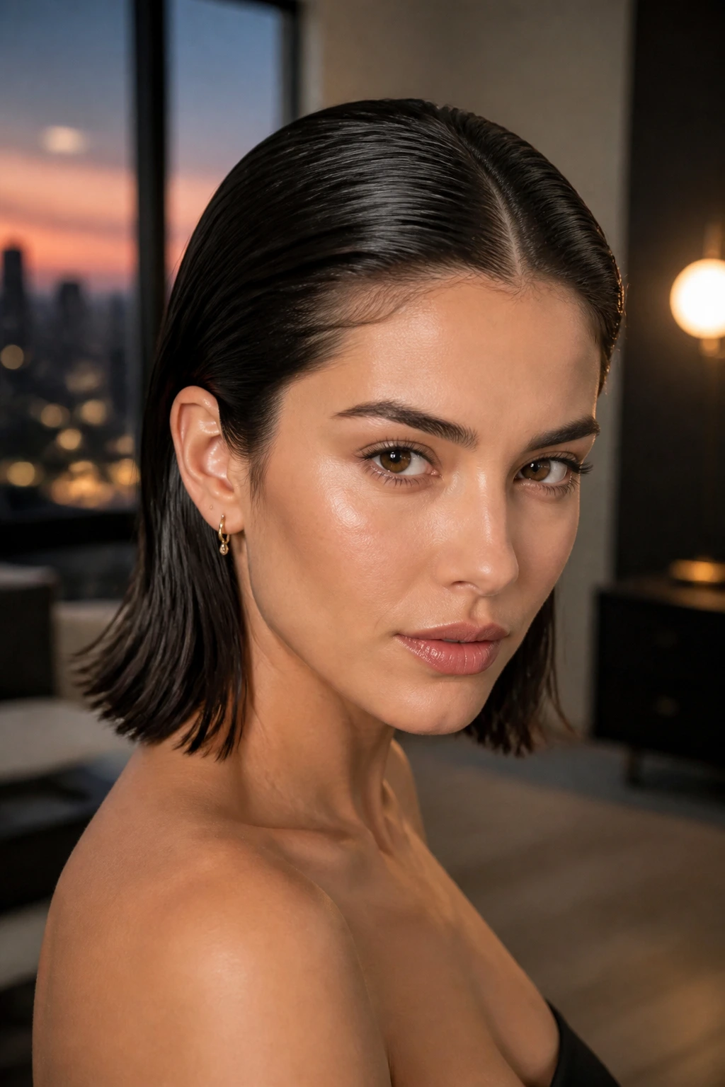 Close-up portrait of a real woman with a glossy wet-look lob