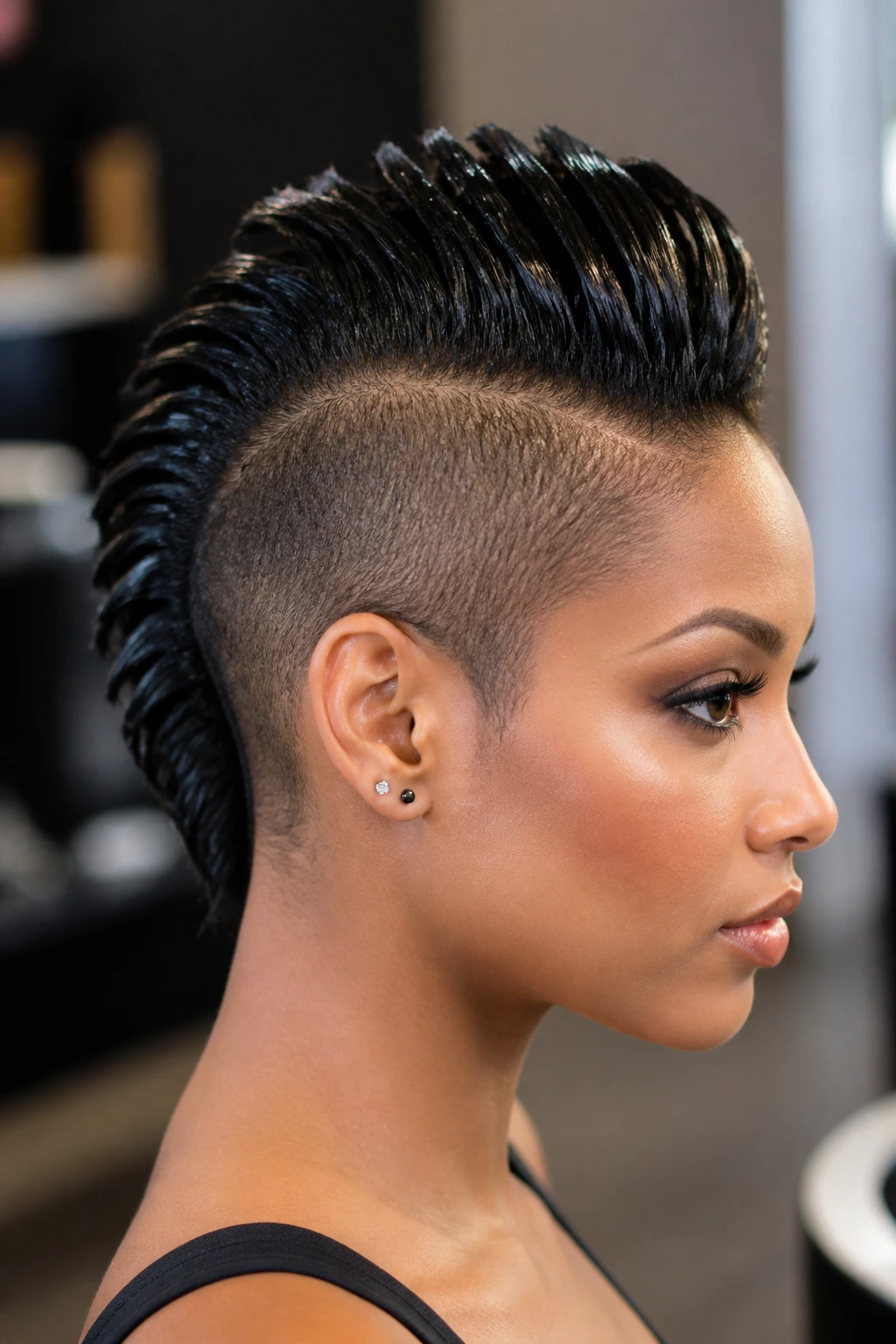 Close-up of a real woman with sleek wet-look mohawk