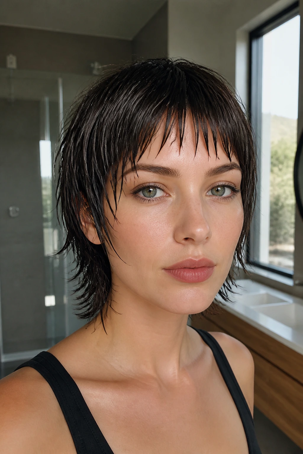 Real woman with sleek wet-look shag and micro layers in a modern bathroom