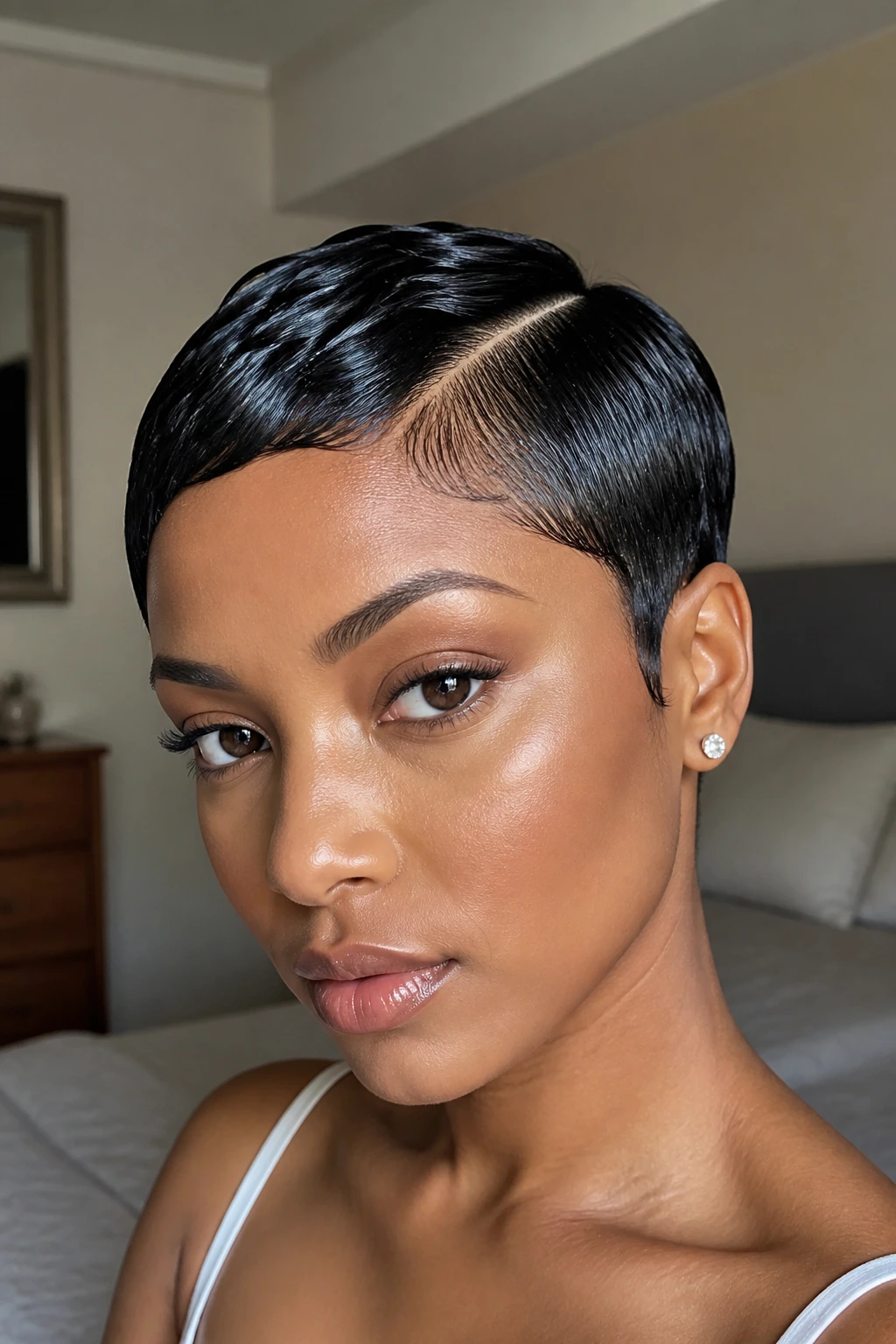 Close-up of a real woman with a sleek wet-look pixie hairstyle under warm window light