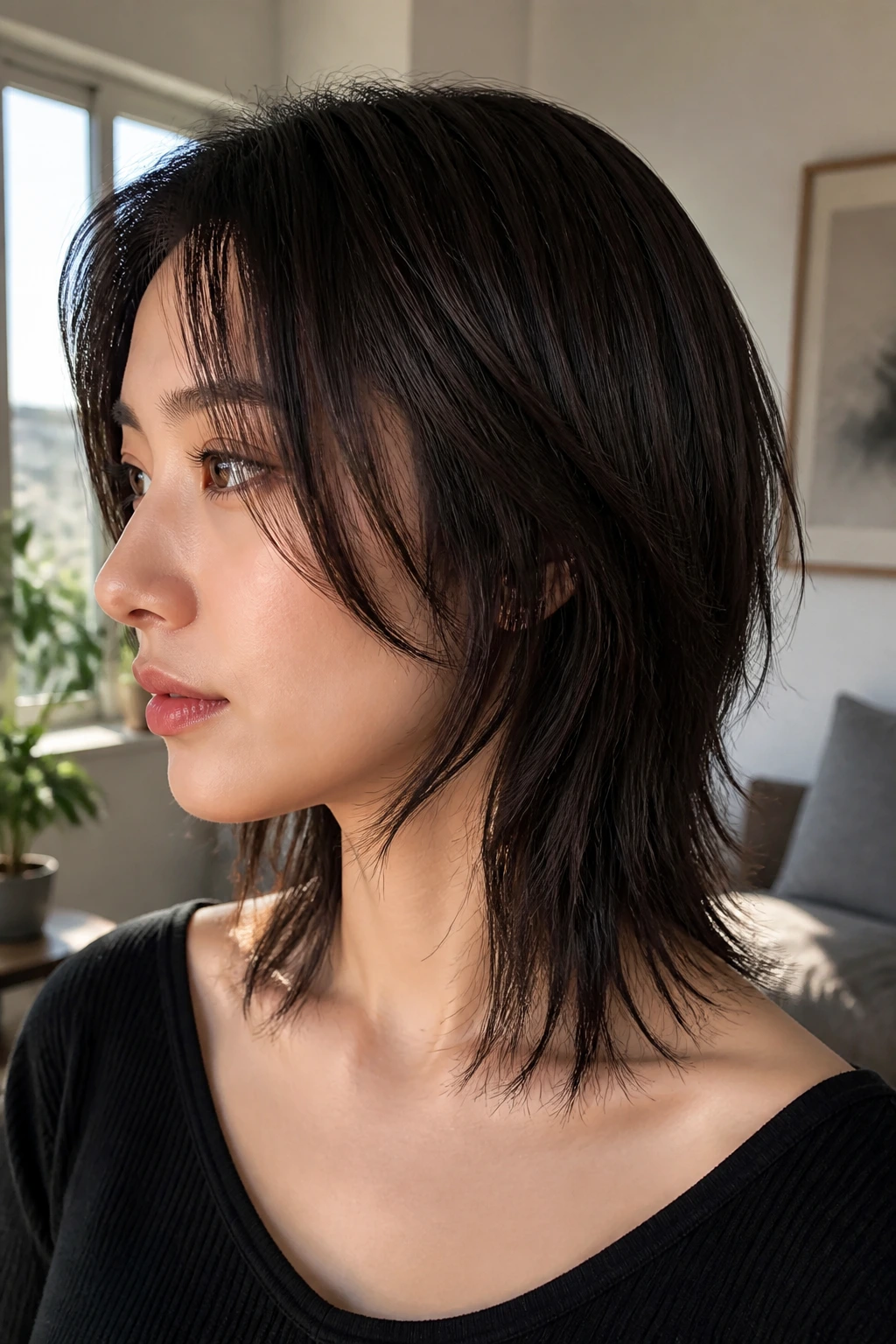 Portrait of a real person with a sleek wolf cut and broken ends in soft daylight