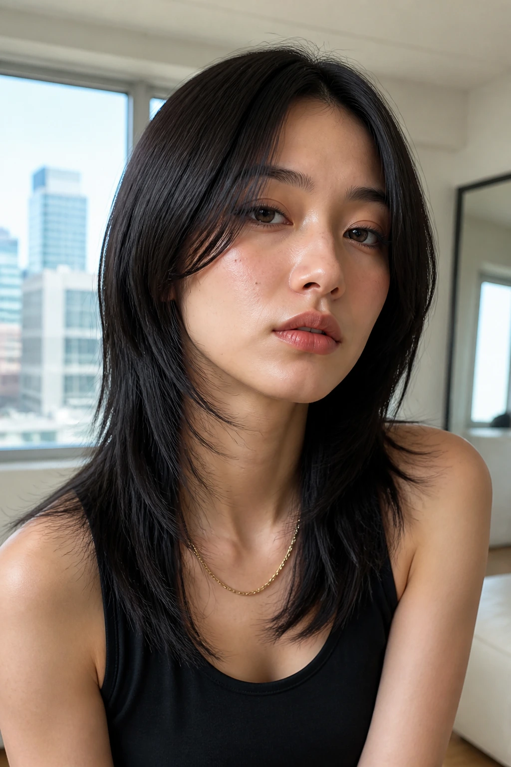 Close-up portrait of a real person with sleek center-part wolf cut