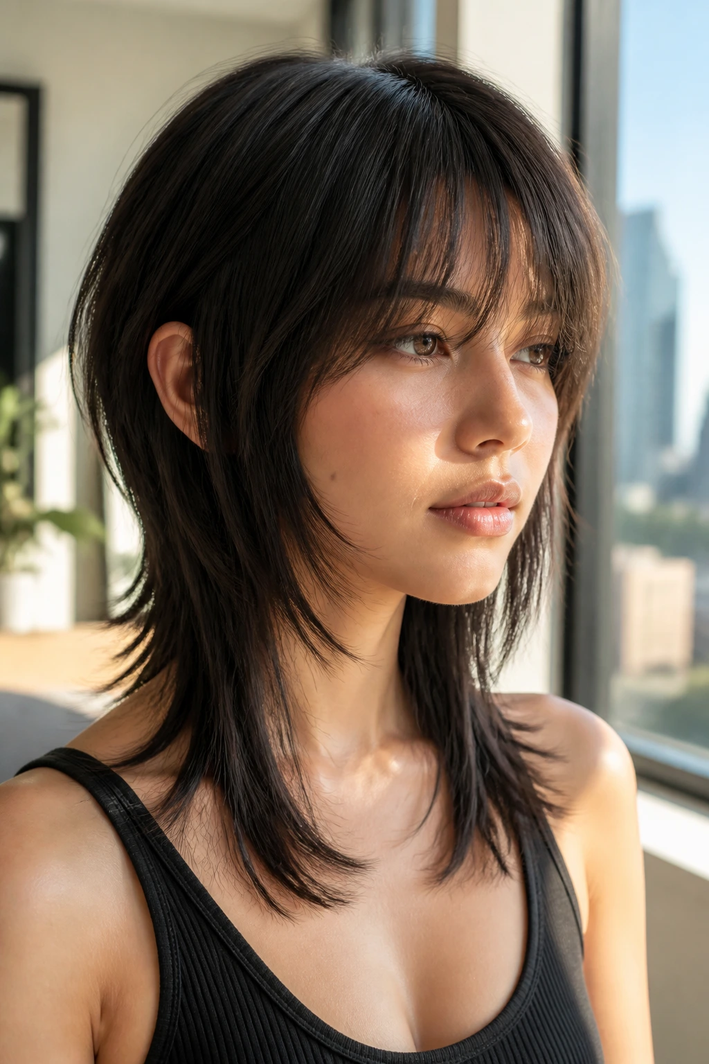 Close-up portrait of a real person with Sleek Wolf Cut for Straighter Hair showing a smooth finish
