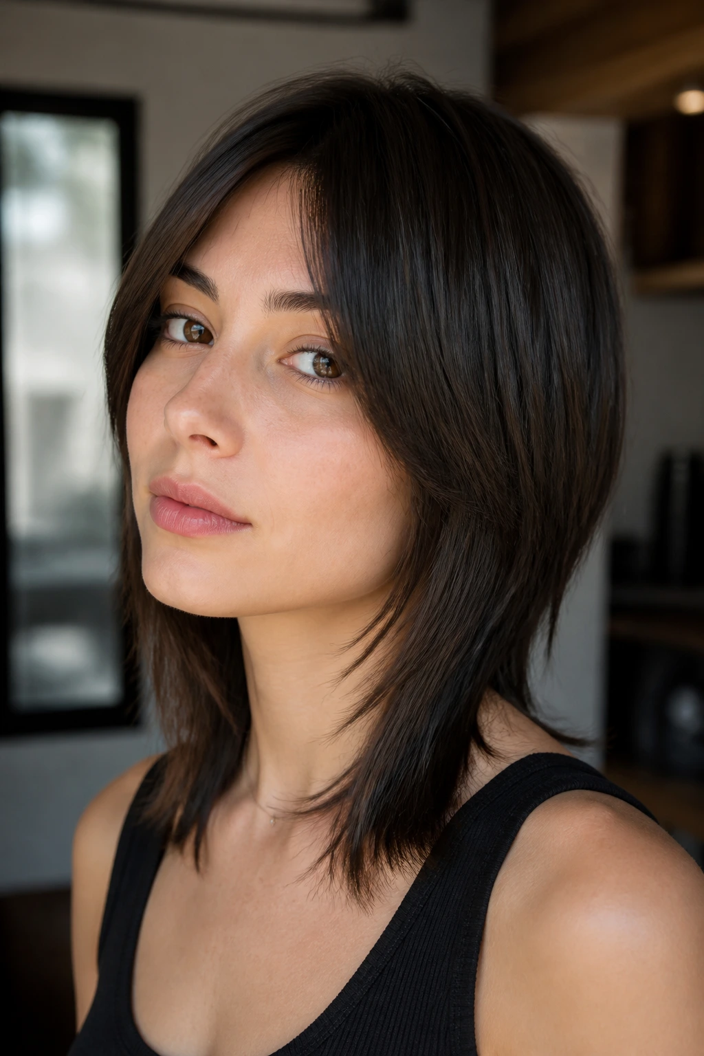 Close-up portrait of a real person with sleek straight wolf cut.