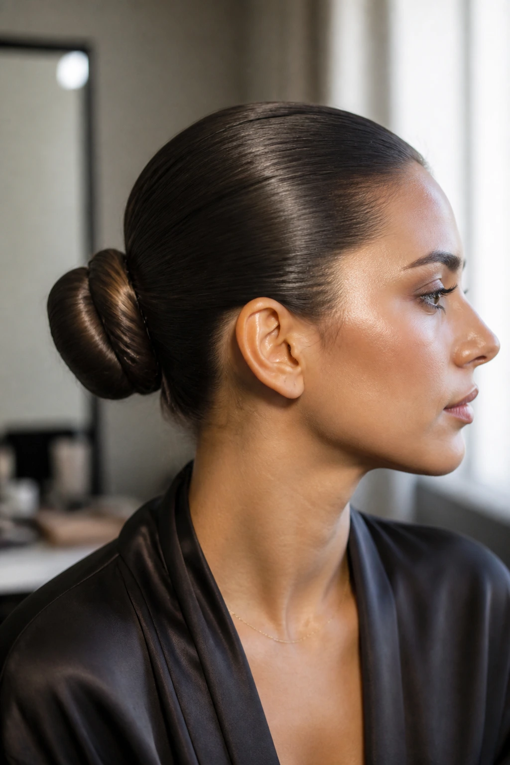 Close-up of a real woman with a sleek wrapped bun at the back