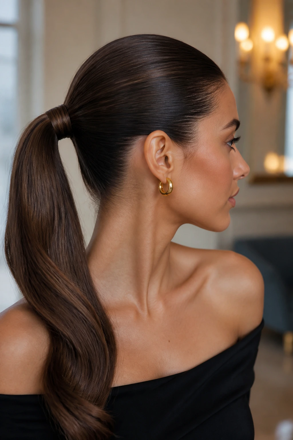 Close-up of a woman with a sleek wrapped ponytail