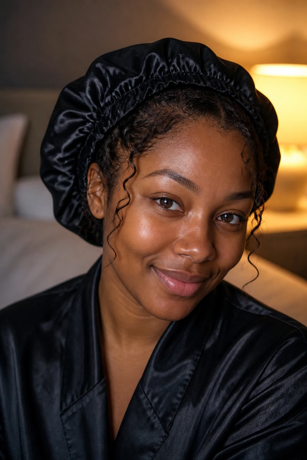 Real person wearing satin bonnet at night to protect curls