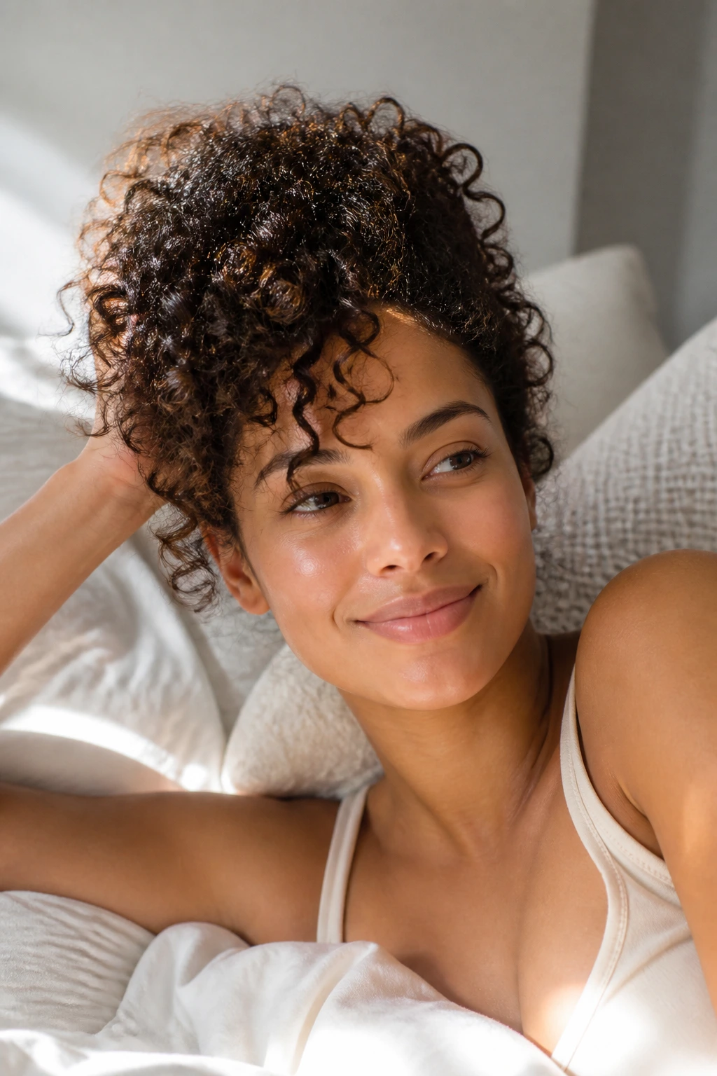 Portrait of a person with refreshed thick curls after sleep