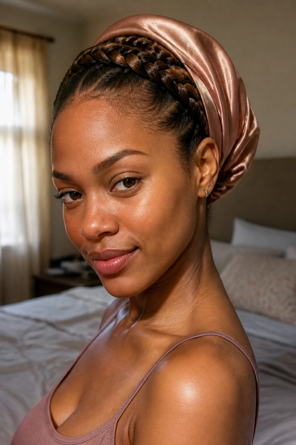 Close-up of woman with satin headscarf and crown braid in softly lit bedroom