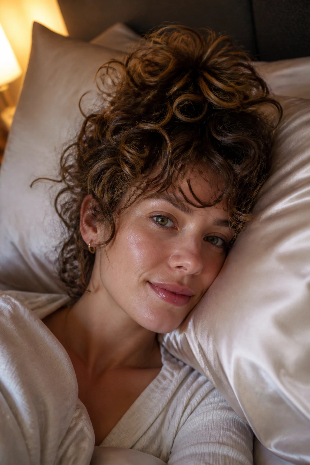 Real woman with short curly shag in bed with loose pineapple and satin pillowcase