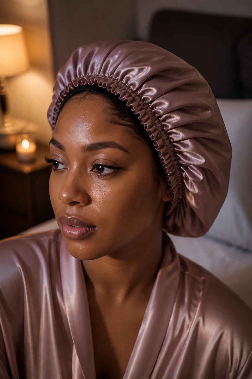 Person wearing a satin bonnet with Havana twists tucked underneath in a bedroom