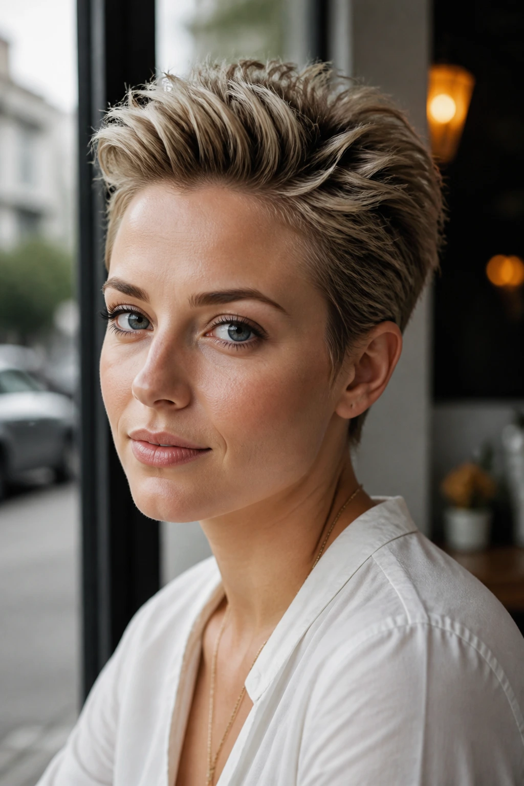 Close-up portrait of a real woman with sliced-back short spike hairstyle