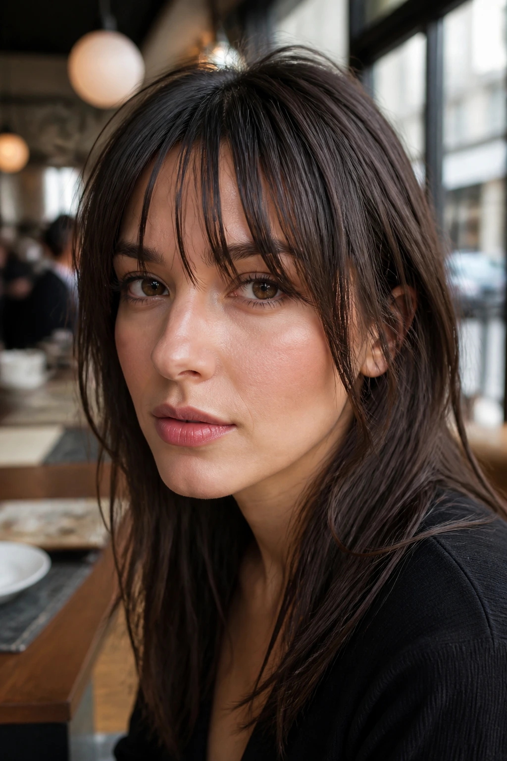Close-up portrait of a real woman with sliced bangs