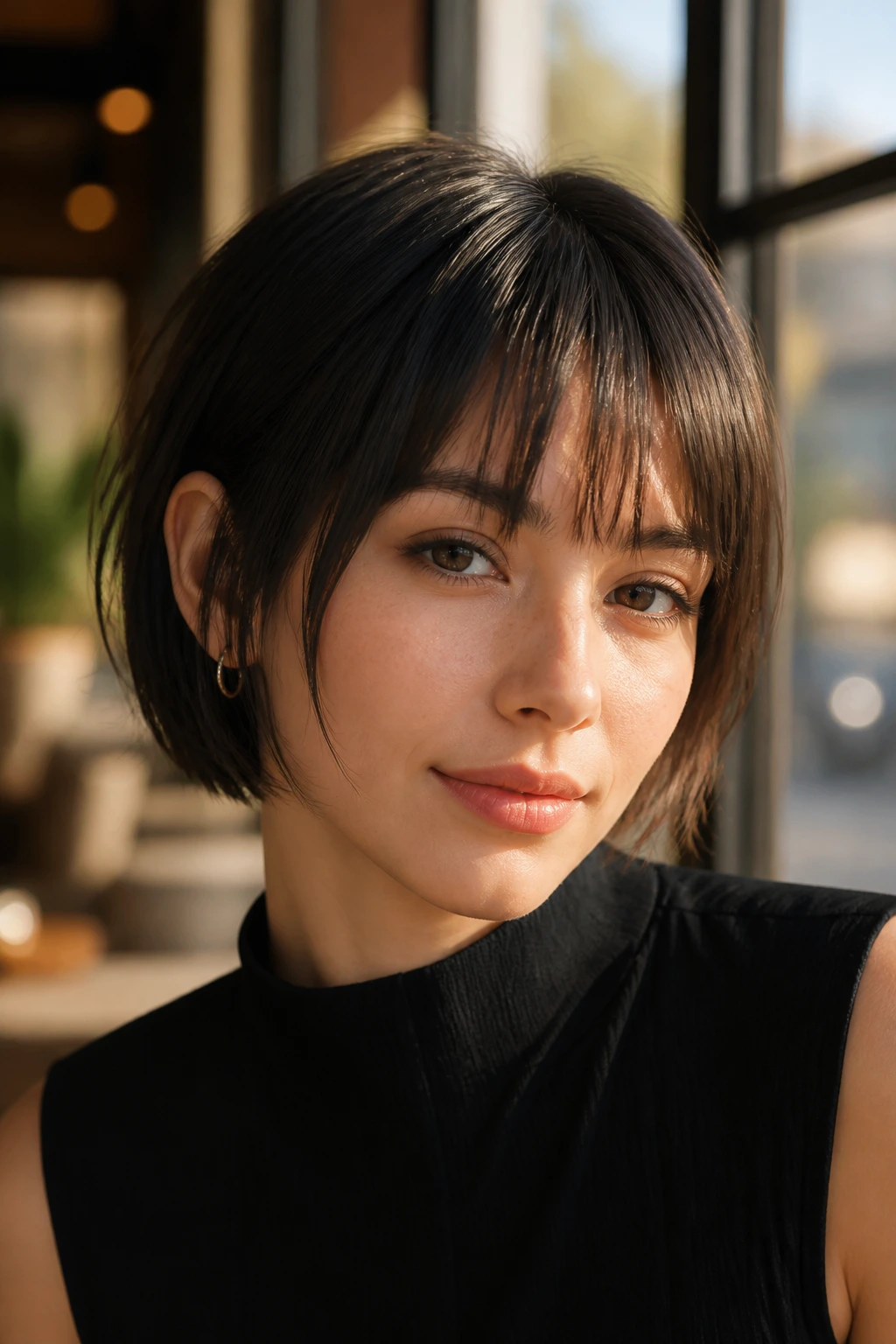 Close-up portrait of a real person with sliced bangs and straight short hair by sunlit cafe