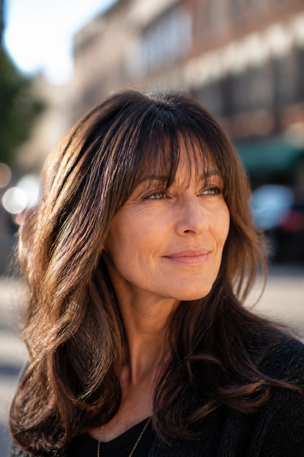 Close-up portrait of a real woman with sliced bangs on thick hair