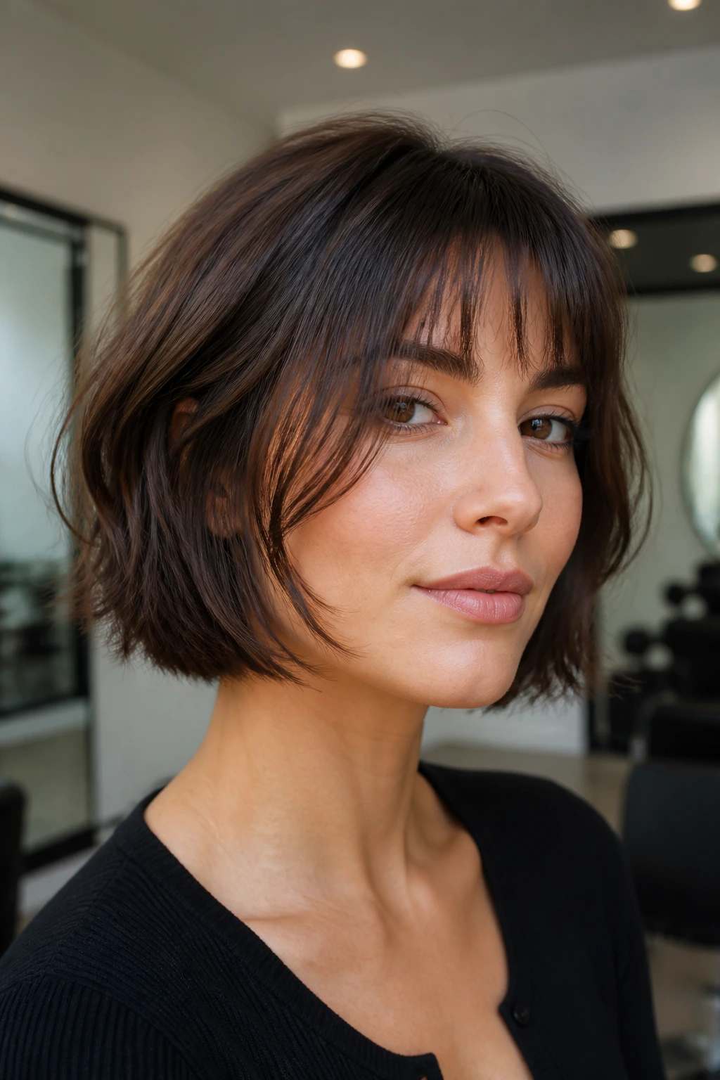 Close-up portrait of a real woman with a sliced bob and cheekbone bangs in bright indoor light