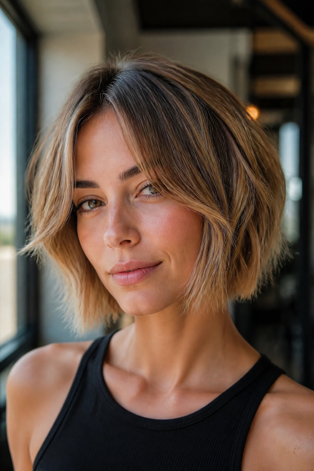 Portrait of a real woman with sliced bob and curtain bangs.