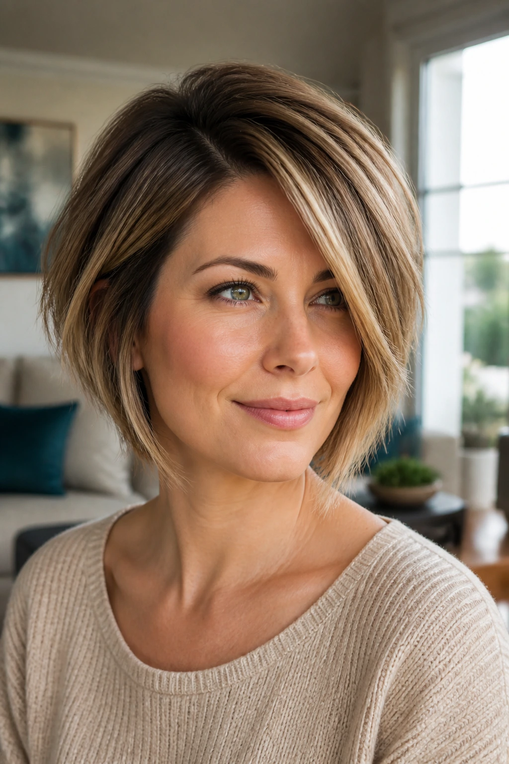 Portrait of a real woman with deep side part and sliced layers