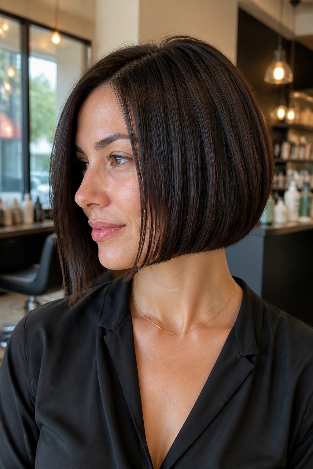 Portrait of a real woman with a sliced bob showing a clean edge