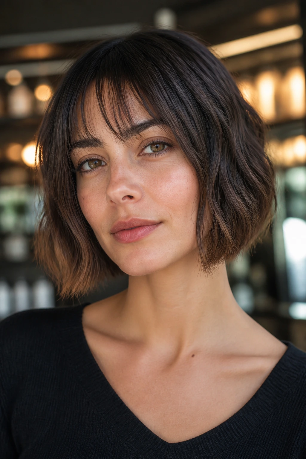 Portrait of a real woman with Sliced Bob With Thin Fringe in a modern boutique setting