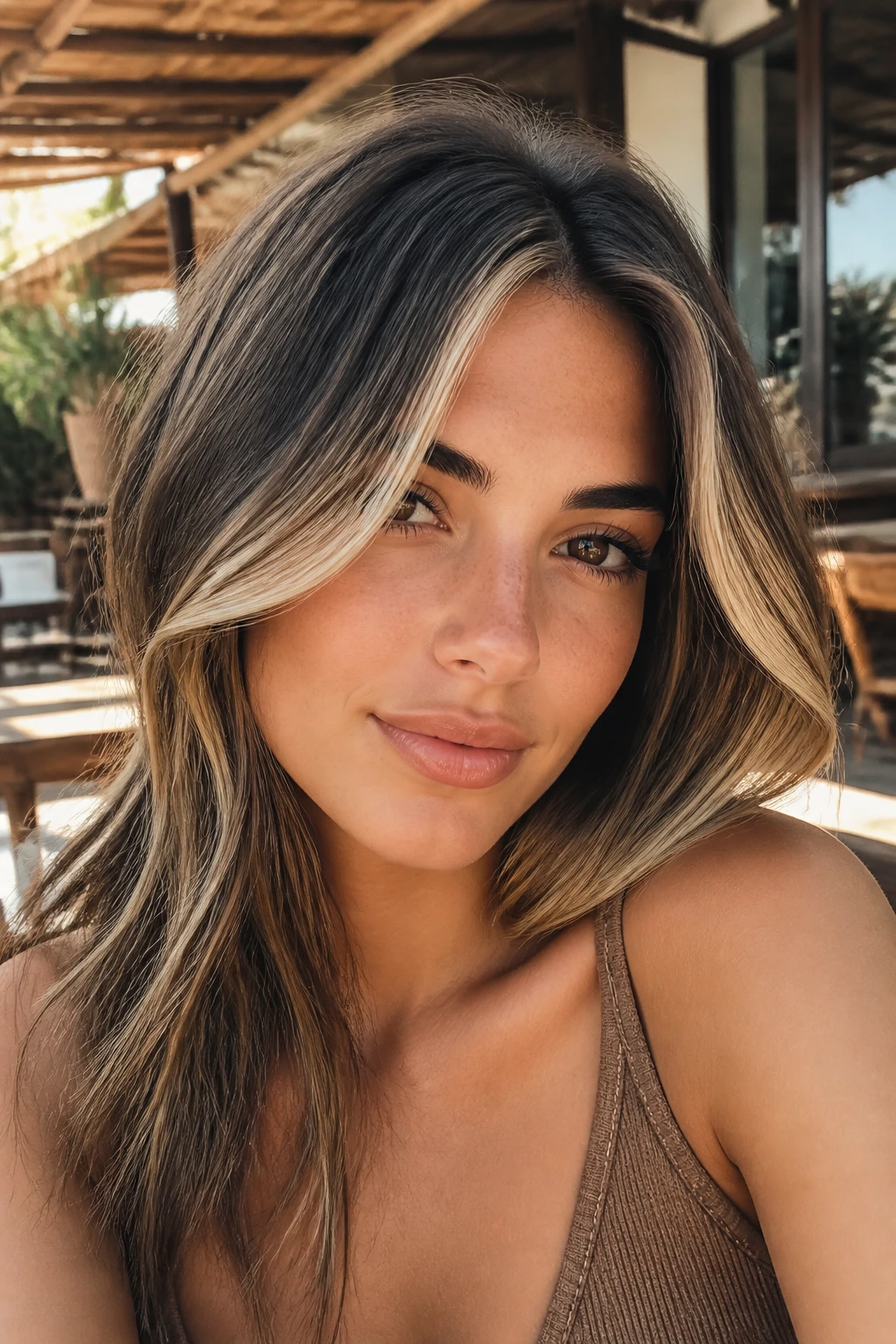 Portrait of real woman with sliced contour highlights around face