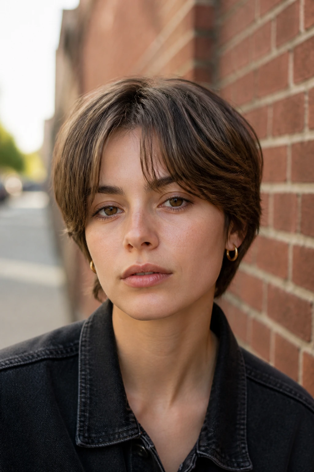 Real person with sliced crop and soft curtain bangs on urban sidewalk