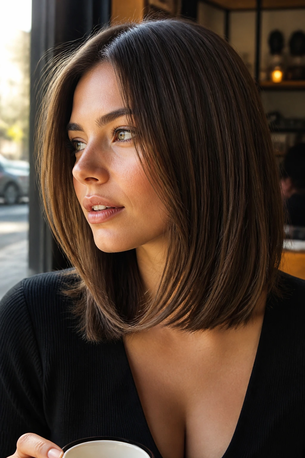 Close-up of a real woman with sliced-end lob and feathered hem in natural cafe light